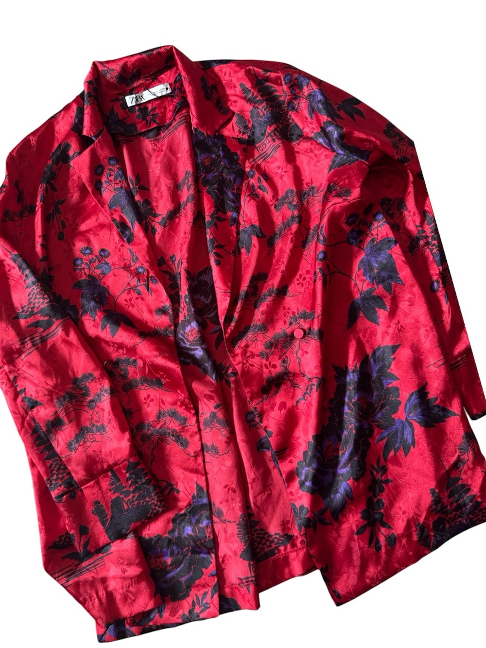 Zara Red and Black Floral Satin Blazer